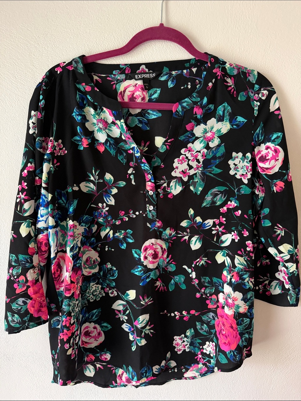 Express Black Floral Henley Blouse - Pink & Teal Accents